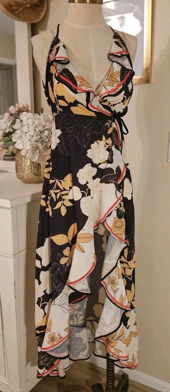 Flying Tomato Floral Wrap Dress Small S Black Yellow Ruffled High-Low Maxi Boho